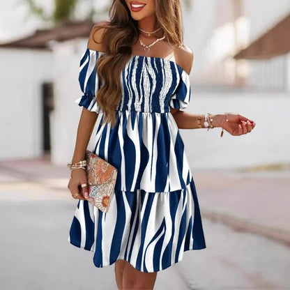 Robe midi femme – Épaule dénudée – Taille plissée – Imprimé bas – Coupe évasée