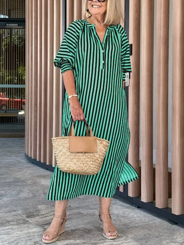Robe midi femme – Coupe ample – Col en V – Manches volantées – Rayée – Coton