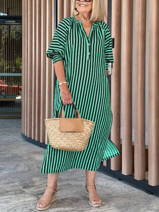 Robe midi femme – Coupe ample – Col en V – Manches volantées – Rayée – Coton