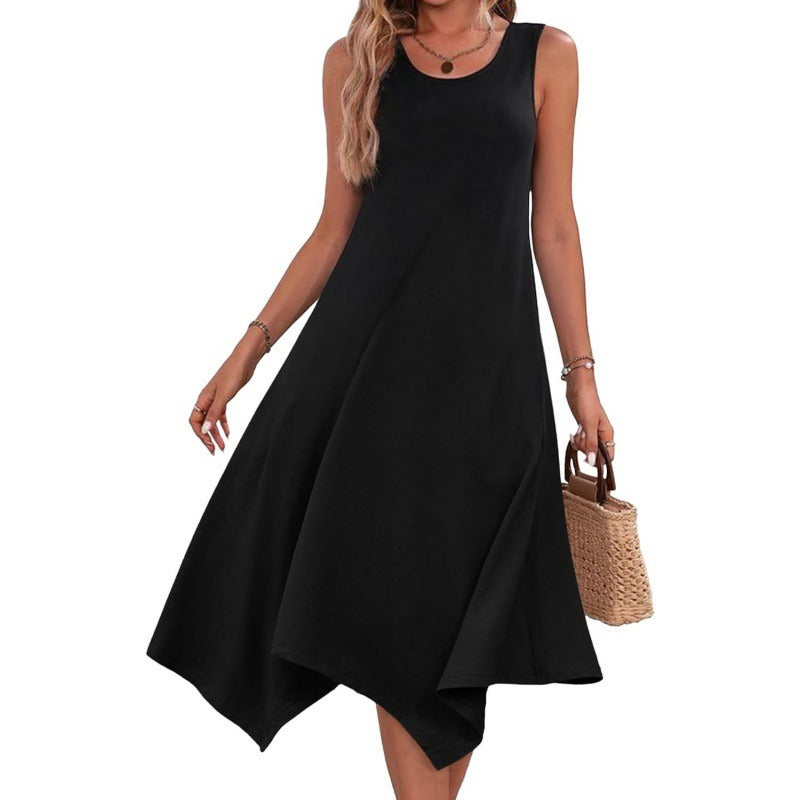 Robe midi femme – Coupe évasée sans manches – Imprimé abstrait – Ourlet asymétrique