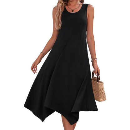 Robe midi femme – Coupe évasée sans manches – Imprimé abstrait – Ourlet asymétrique