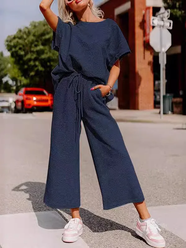 Ensemble Femme Décontracté – Maille Douce – Haut Ample Manche Courte – Pantalon Large