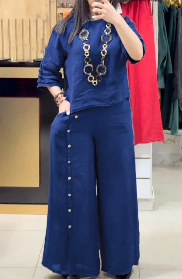 Ensemble Femme – Haut Linnen Coupe Ample – Pantalon Large à Boutons Décoratifs