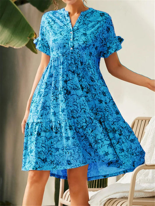 Robe femme évasée – Encolure en V – Manches volantées – Imprimé fleuri – Jupe à volants