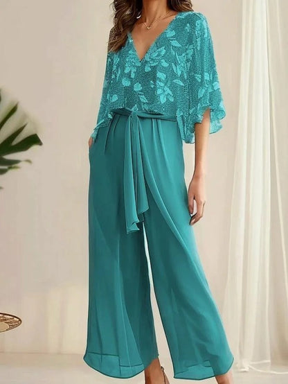 Ensemble Femme Deux Pièces – Haut Fluide Col V – Pantalon Large Taille Nouée – Tissu Respirant