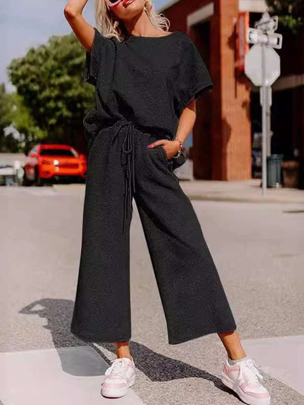 Ensemble Femme Décontracté – Maille Douce – Haut Ample Manche Courte – Pantalon Large
