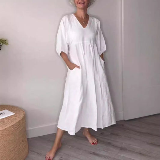 Robe midi femme – Coupe décontractée – Lin et coton – Col V profond – Manches retroussées – Poches