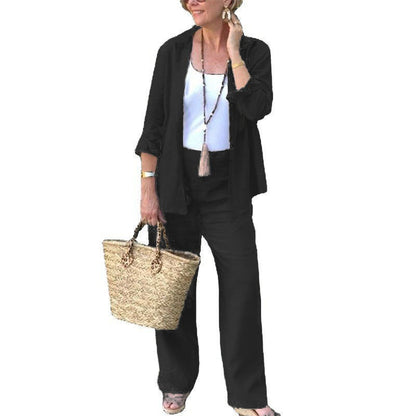 Ensemble Femme Deux Pièces – Lin Mélangé – Coupe Ample – Chemise Ouverte & Pantalon Large