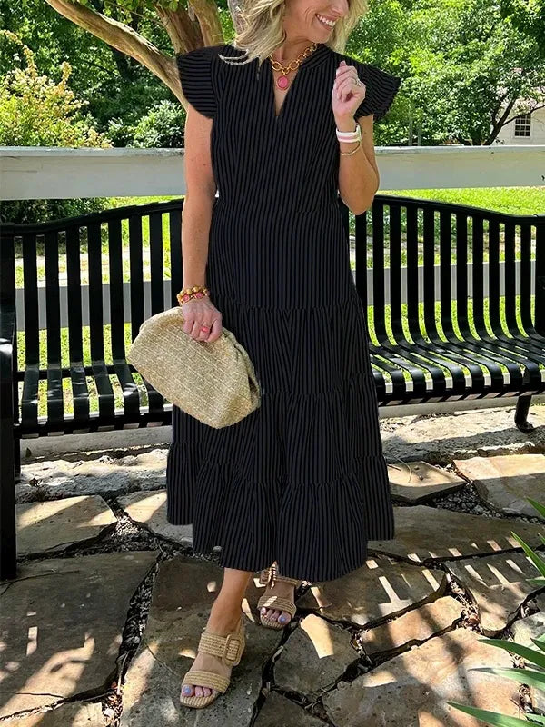 Robe midi femme – coton – coupe fluide – manches volantes – rayures – col V