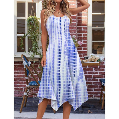 Robe midi femme – Coupe évasée sans manches – Imprimé abstrait – Ourlet asymétrique