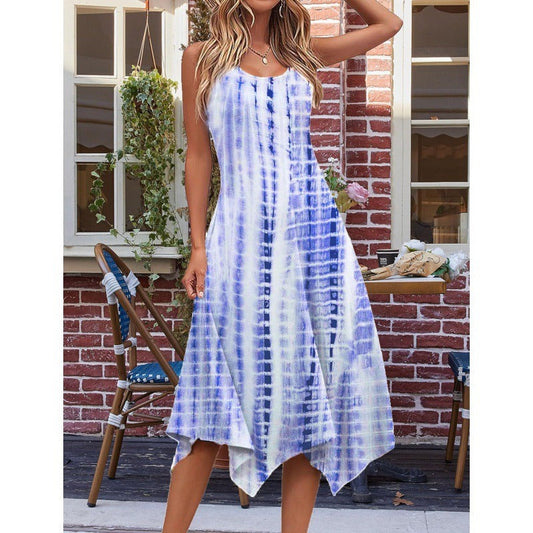 Robe midi femme – Coupe évasée sans manches – Imprimé abstrait – Ourlet asymétrique