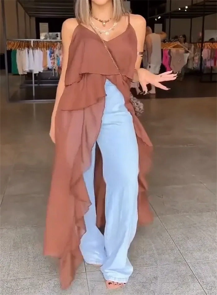 Robe femme – Coupe fluide – Décolleté en V – Bretelles fines – Ourlet asymétrique – Volants superposés