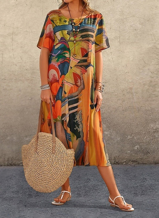 Robe femme midi – Coupe ample – Coton – Manches courtes – Imprimé abstrait