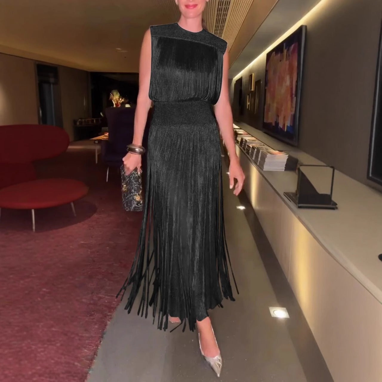 Ensemble deux pièces femme – Robe sans manches – Coupe élégante – Ourlet à franges – Effet soyeux – Longueur midi
