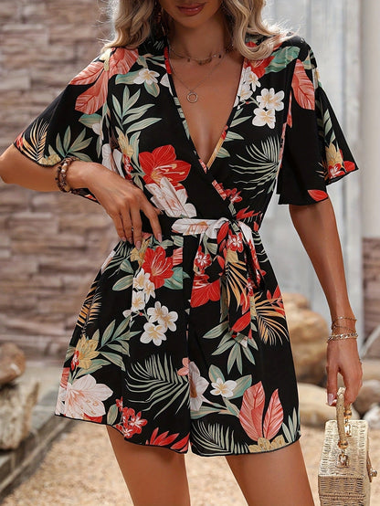 Combinaison femme – Décolleté cache-cœur – Manches volantées – Ceinture taille – Imprimé floral
