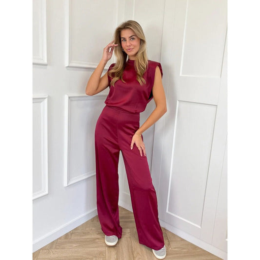 Combinaison femme – Satiné – Sans manches – Dos nu – Col montant – Jambes larges