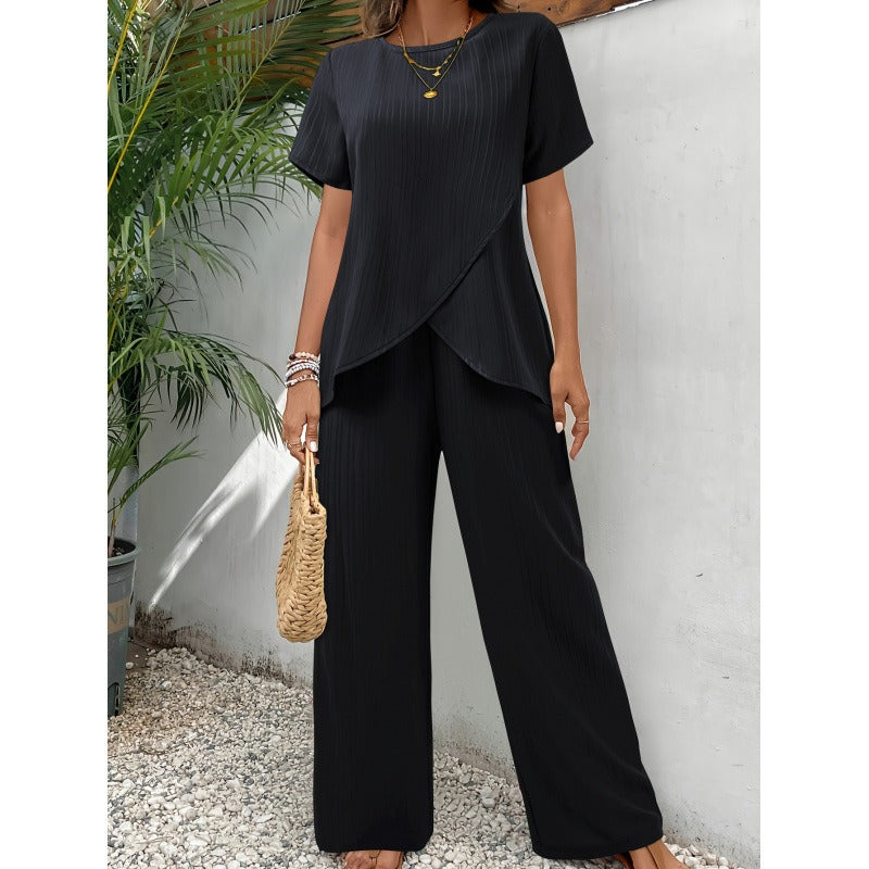 Ensemble Femme Deux Pièces – Haut Asymétrique Manche Courte – Pantalon Large