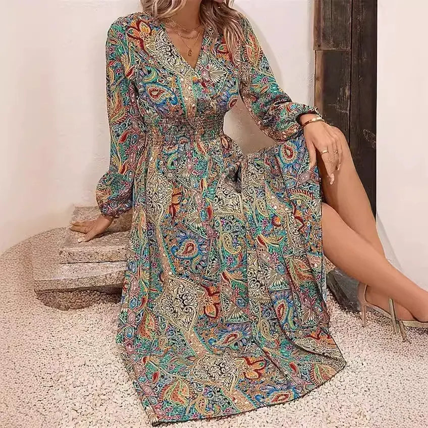 Robe femme midi – Manches longues – Col en V – Taille froncée – Motif imprimé