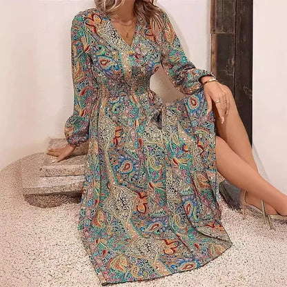 Robe femme midi – Manches longues – Col en V – Taille froncée – Motif imprimé