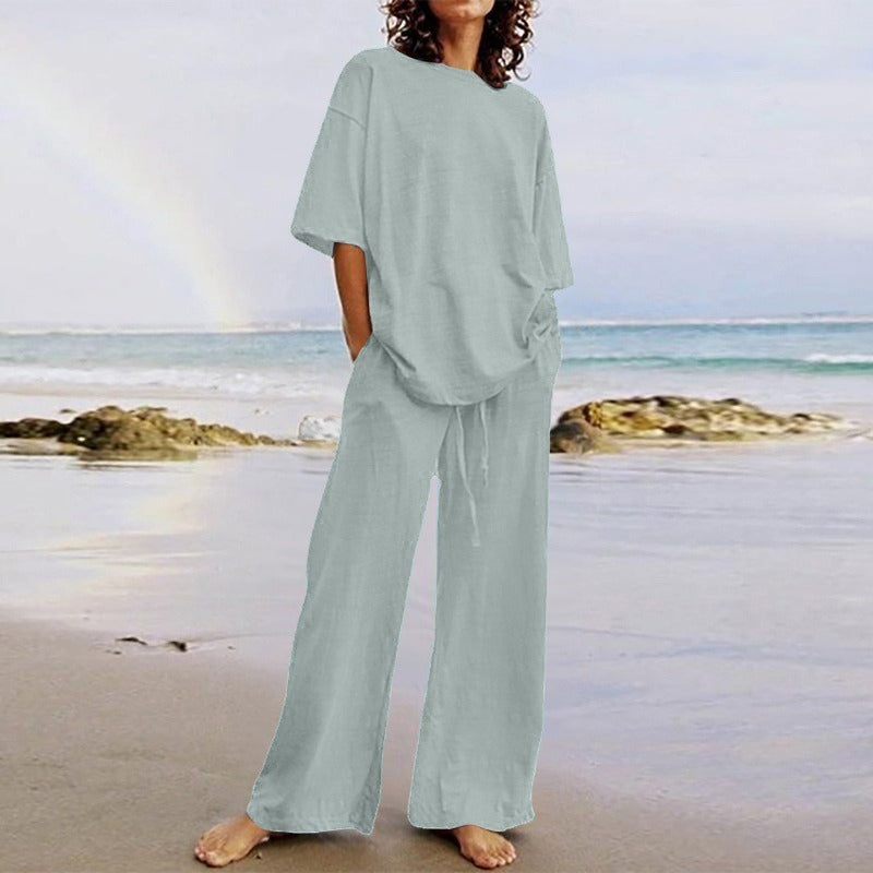 Ensemble femme deux pièces – Haut ample col rond – Pantalon large avec poches