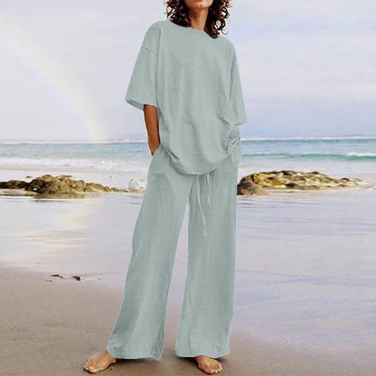 Ensemble femme deux pièces – Haut ample col rond – Pantalon large avec poches