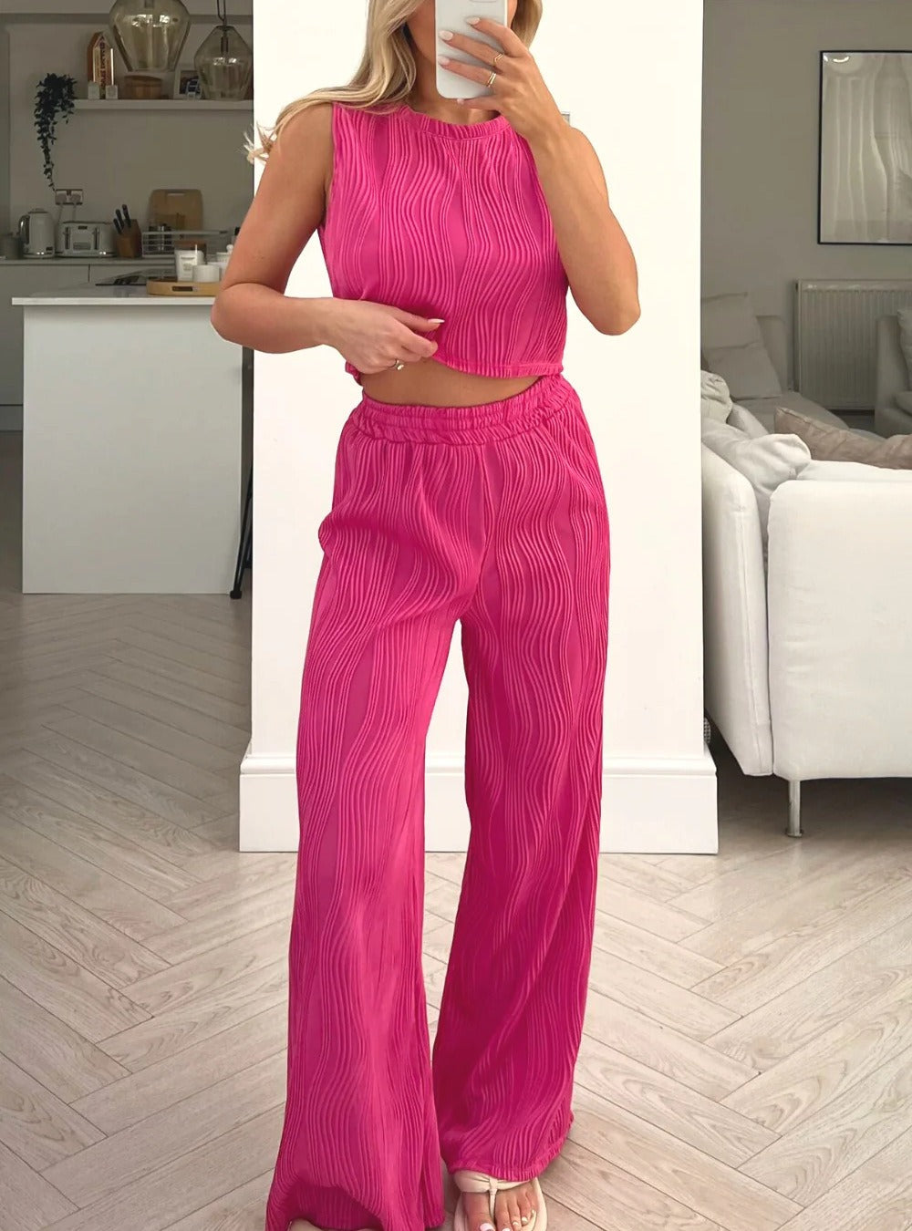Ensemble femme deux pièces – Crop top sans manches ajusté – Pantalon taille haute fluide