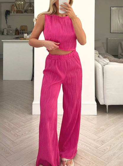 Ensemble femme deux pièces – Crop top sans manches ajusté – Pantalon taille haute fluide