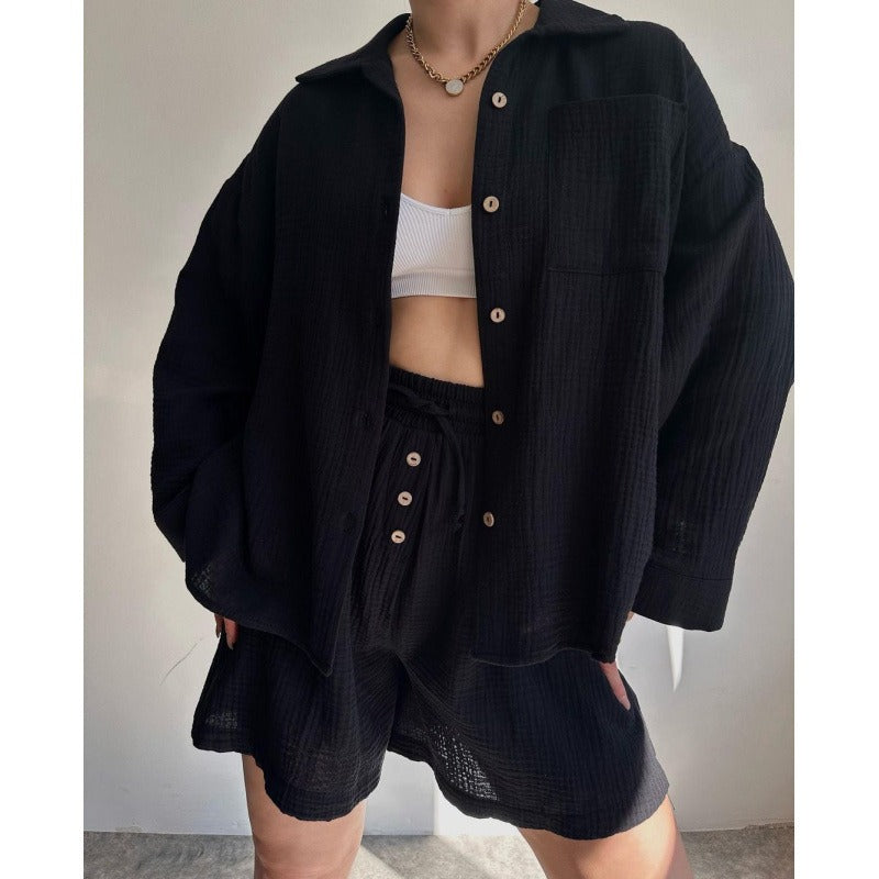 Ensemble Femme Deux Pièces – Chemise Ample à Manches Longues – Short Taille Haute Cordon