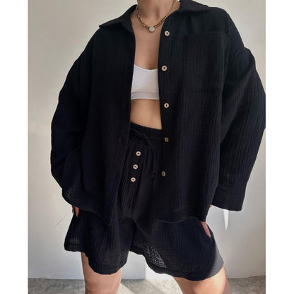 Ensemble Femme Deux Pièces – Chemise Ample à Manches Longues – Short Taille Haute Cordon