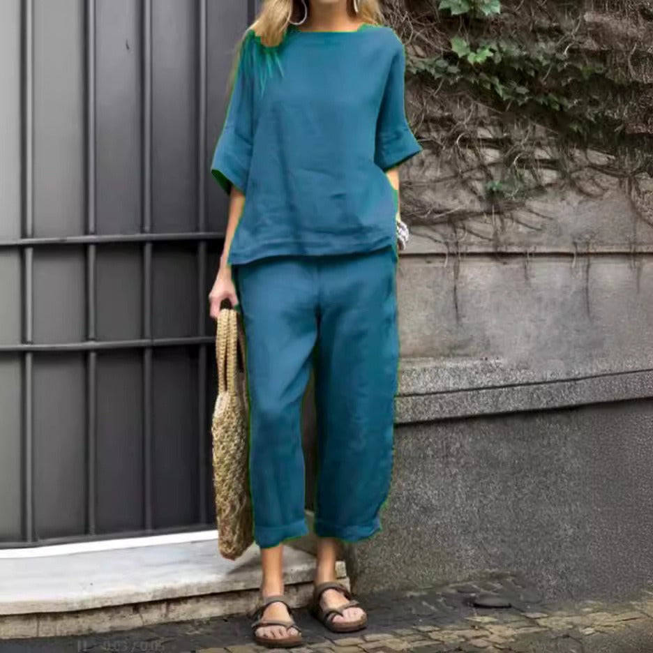 Ensemble Pantalon Femme – Lin Coton – Coupe Ample – Top Col Rond Manches Courtes