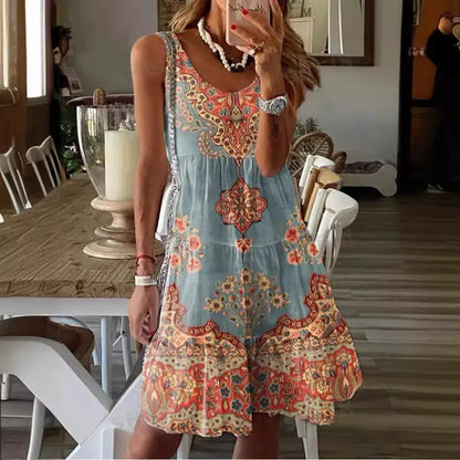Robe mini femme – Coupe fluide – Sans manches – Col en V – Imprimé bohème à volants