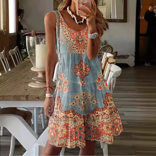 Robe mini femme – Coupe fluide – Sans manches – Col en V – Imprimé bohème à volants