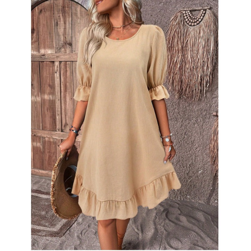 Robe femme évasée – Lin et coton – Coupe ample – Manches mi-longues volantées