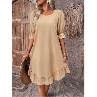 Robe femme évasée – Lin et coton – Coupe ample – Manches mi-longues volantées