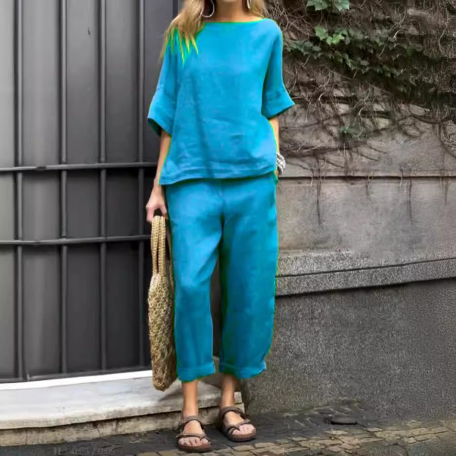 Ensemble Pantalon Femme – Lin Coton – Coupe Ample – Top Col Rond Manches Courtes