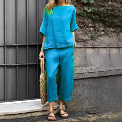 Ensemble Pantalon Femme – Lin Coton – Coupe Ample – Top Col Rond Manches Courtes