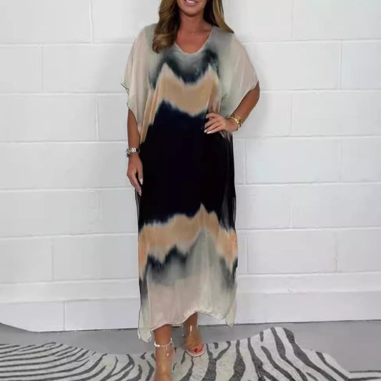 Robe longue femme – Coupe fluide – Col en V – Manches courtes – Dégradé ombré – Chiffon