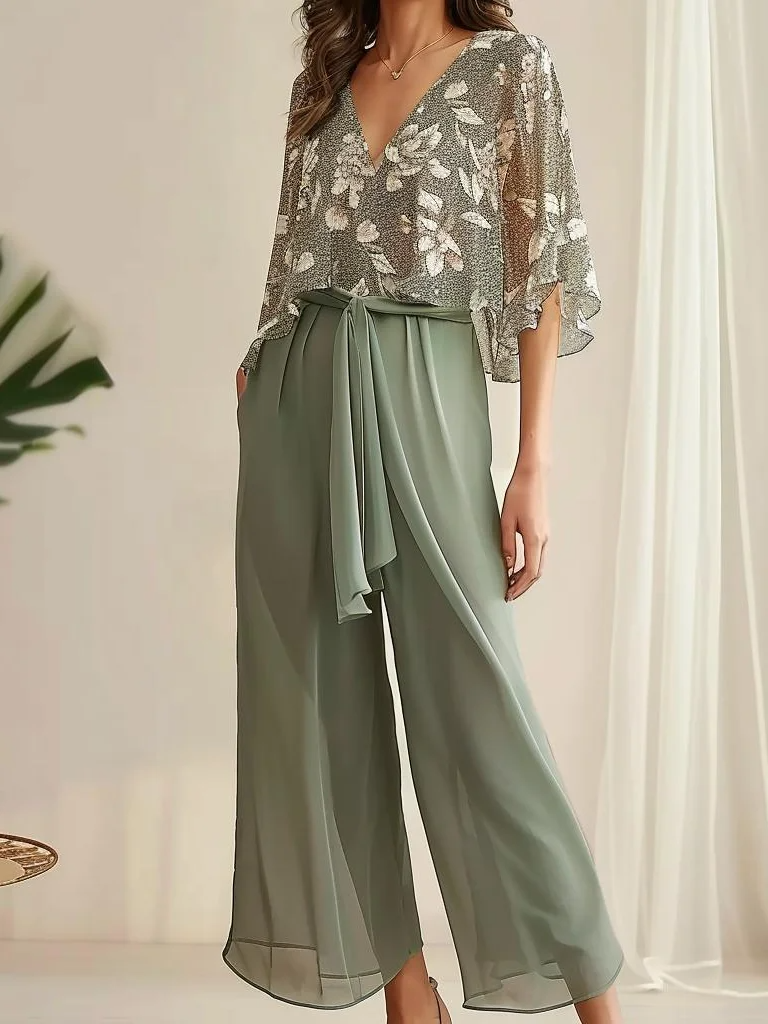 Ensemble Femme Deux Pièces – Haut Fluide Col V – Pantalon Large Taille Nouée – Tissu Respirant