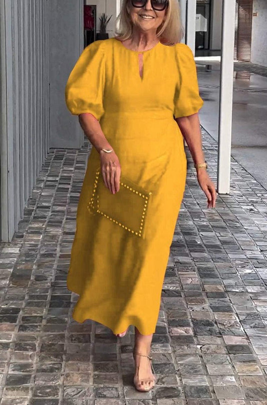 Robe midi femme – Coton – Coupe ample – Manches bouffantes – Encolure fendue