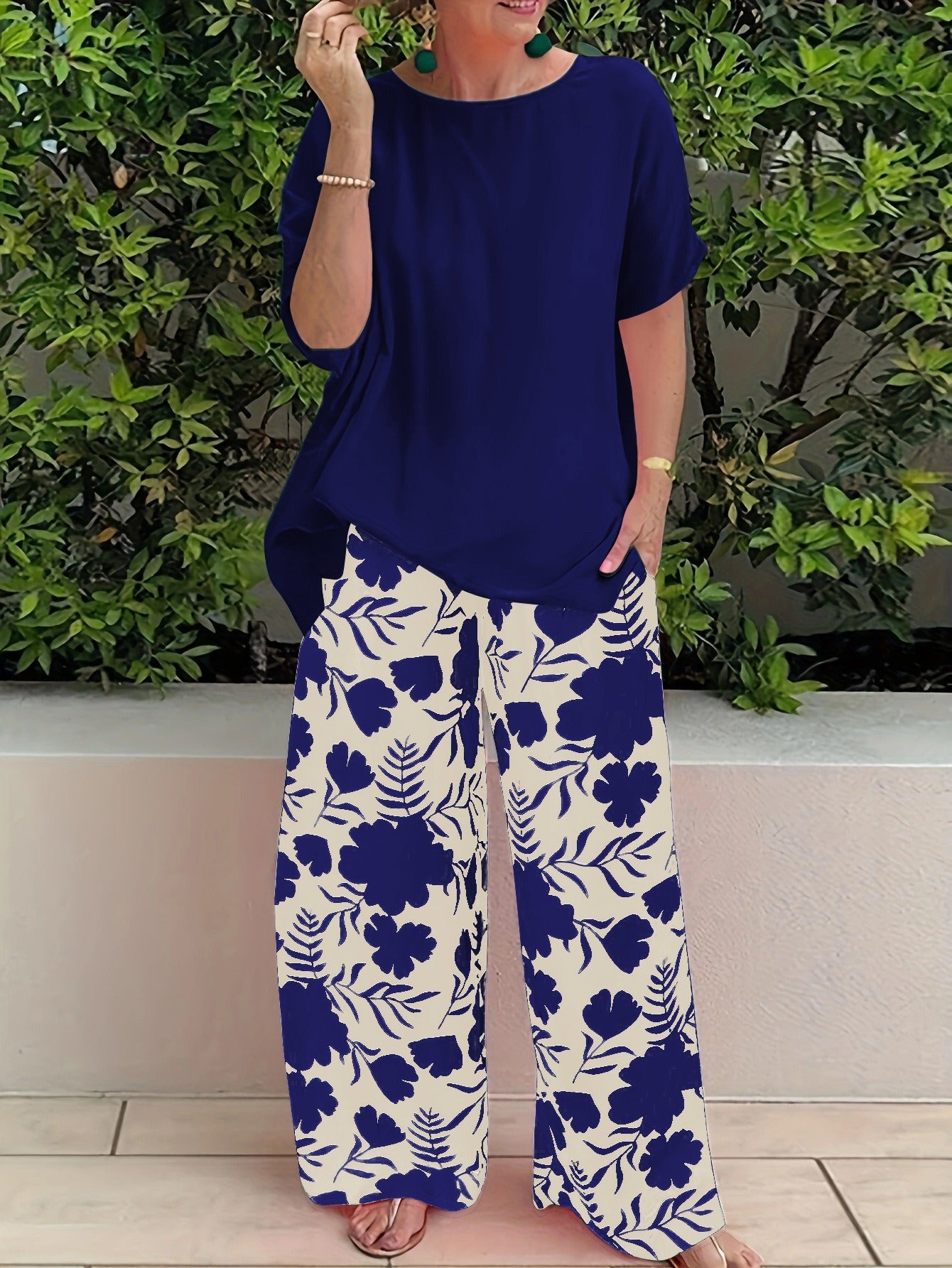 Ensemble pantalon pour femme – Haut coupe décontractée – Pantalon large – Imprimé floral