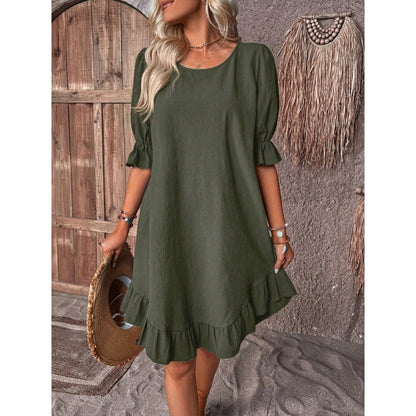 Robe femme évasée – Lin et coton – Coupe ample – Manches mi-longues volantées