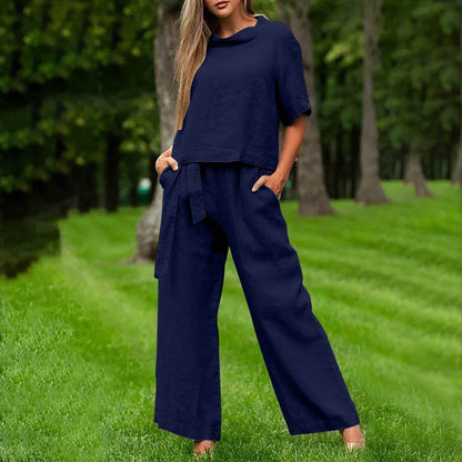 Ensemble Deux Pièces Femme – Coton – Haut Manches Courtes – Pantalon Large Ceinturé