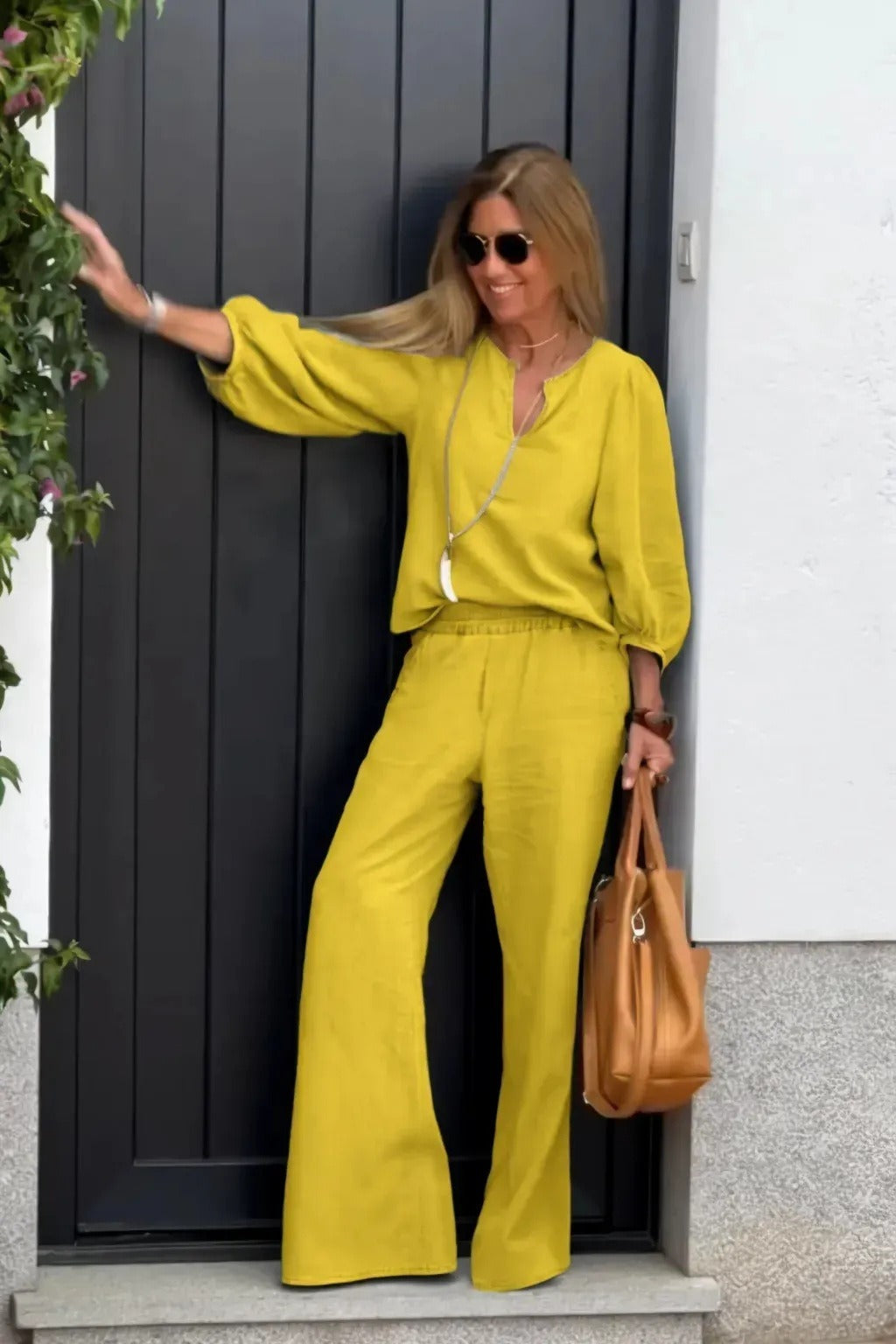 Ensemble haut et pantalon pour femme – Coton et lin – Col en V – Manches 3/4 – Jambe large – Coupe décontractée