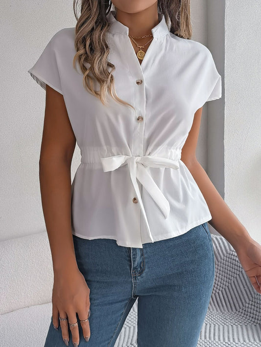Chemise femme – Coupe décontractée – Manches courtes – Col V – Ceinture à la taille – Boutonnée