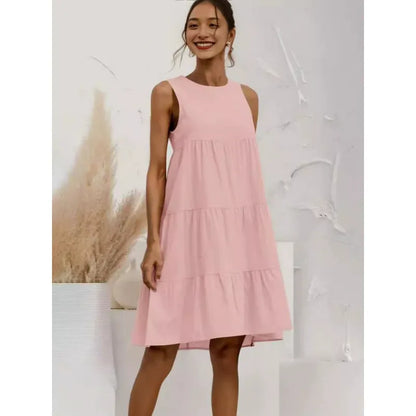 Robe femme sans manches – Lin coton – Coupe ample – Longueur midi à volants