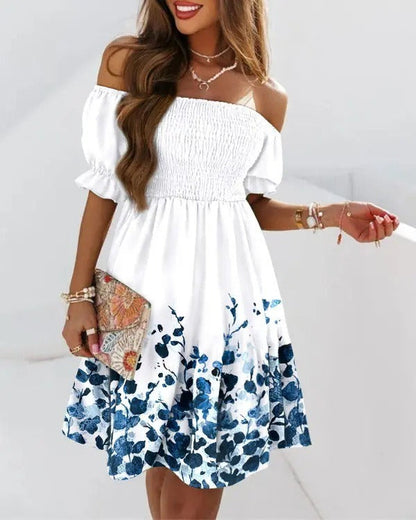 Robe midi femme – Épaule dénudée – Taille plissée – Imprimé bas – Coupe évasée