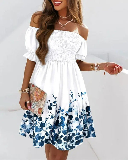 Robe midi femme – Épaule dénudée – Taille plissée – Imprimé bas – Coupe évasée