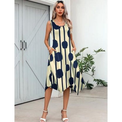 Robe midi femme – Coupe évasée sans manches – Imprimé abstrait – Ourlet asymétrique