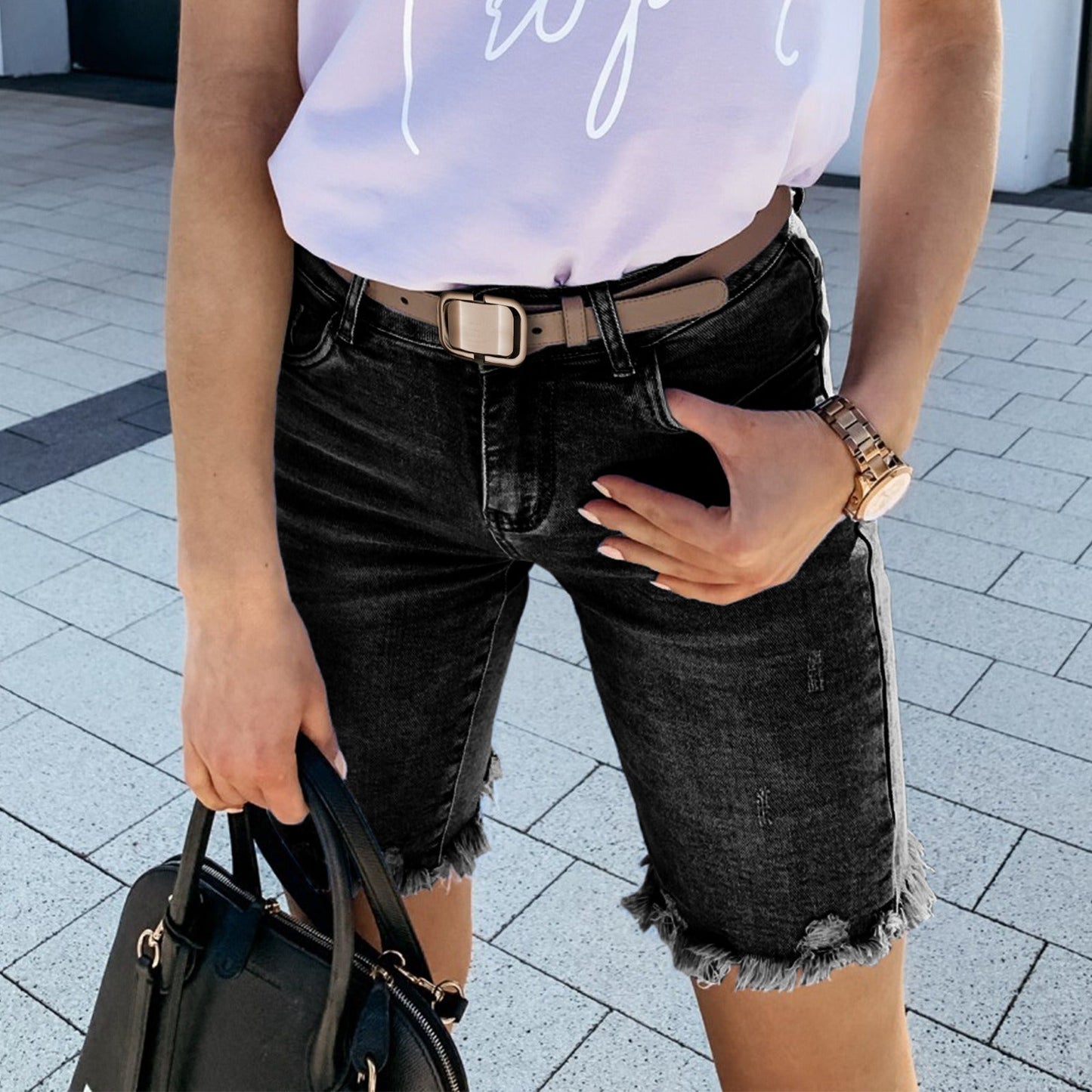 Short en jean femme – Coupe régulière – Taille mi-haute – Effet usé – Ourlet frangé