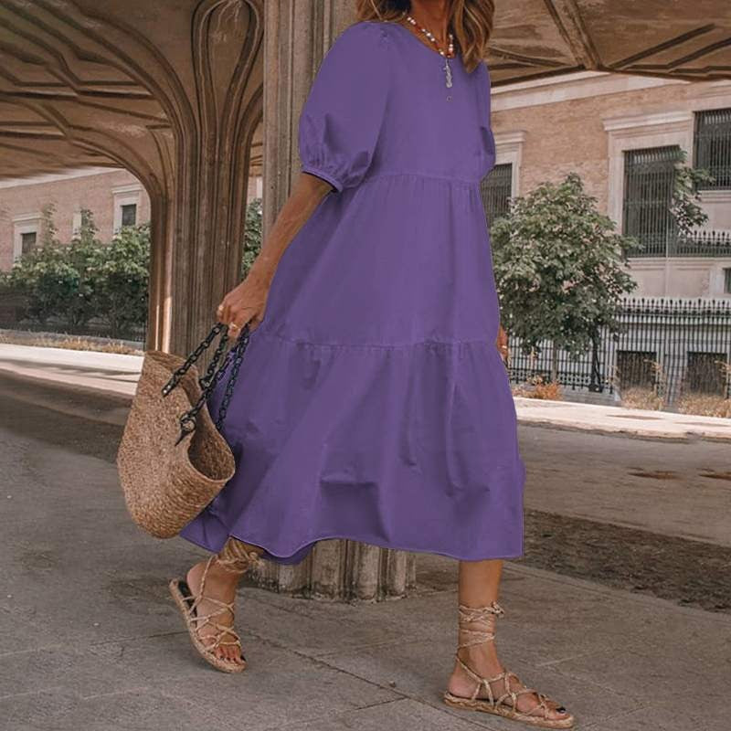 Robe midi femme – Coupe évasée fluide – Coton – Manches bouffantes – Encolure en V